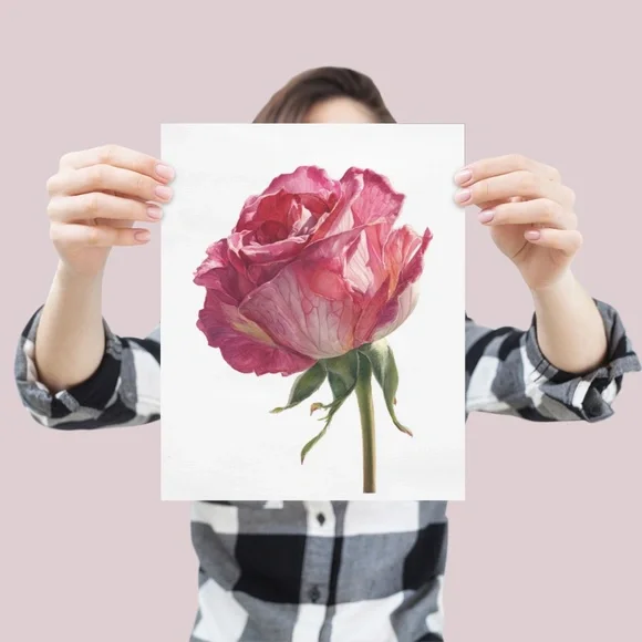 Watercolor Single Pink Rose Wall Art Print, Unframed - Delicate Floral Elegance - Picture 4 of 6